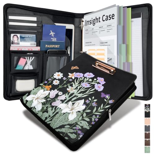 Clipboard with Storage for Men Women, Leather Padfolio Portfolio with Zipper, 1 Inch 3 Ring Binder 5 Dividers, Notepad for Letter Size, Elastic Closure and Pen Loop, Card Slot Black Flower - color: Black Weed