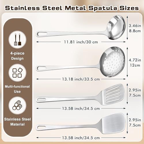 4 Pcs Cooking Utensils Set, Stainless Steel Kitchen Utensils, Heat Resistant Metal Kitchen Tools Include Solid & Slotted Turner Wok Spatula, Serving Spoon, Ergonomic Handle, Easy to Clean, Silver - color: B. 4 Pieces