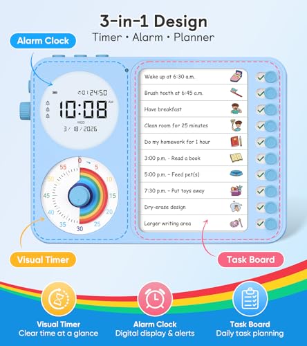 3-in-1 Visual Timer & ADHD Tool for Kids – ADHD Task Timer for Adults with Visual Schedule, Chore Chart & Planning Board for Home, School, Classroom, Work (Blue) - color: Blue