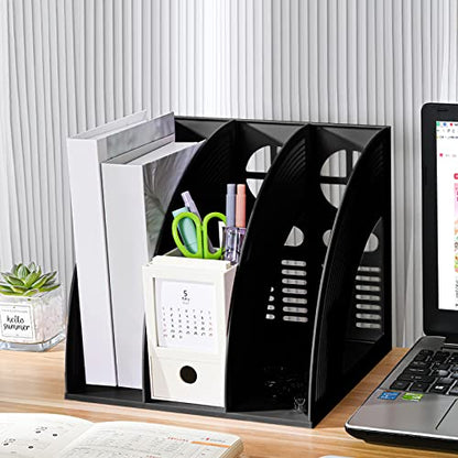 Marte Vanci Magazine File Holder, Binder Holder Book Desktop Organizer Plastic Storage Sturdy Vertical 3 Section Folder Black - color: Black 3 Section