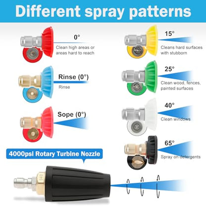 5 set Pressure Washer Nozzle Tips 4000 PSI 4.0 GPM Pressure Washer 1/4" & 3/8" Quick Connect with 35 Nozzle Tips Kit Multiple Degrees (0, 15, 25, 40, 65, Rinse1, Soap2) for Car Concrete Brick