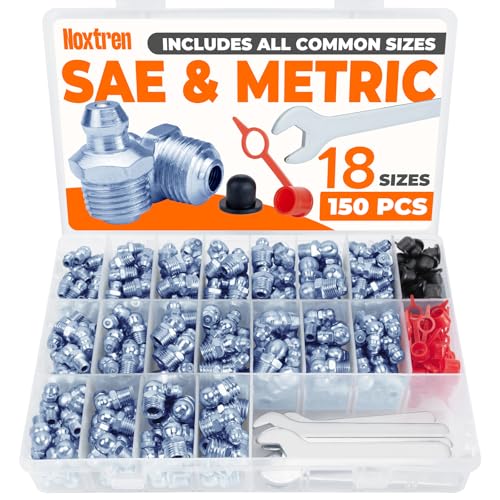 150PCS Grease Fittings Assortment, SAE & Metric Grease Zerk Fittings 18 Standard Sizes, Straight 45 90 Degree with Caps and Wrench Kit(7-11mm) for Grease Gun - size: 150