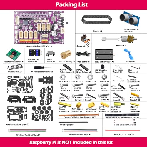 Adeept RaspTank Smart Robot Car Kit for Raspberry Pi 4B/3B/3B+(Board Not Included), Tank Tracked Robot with 4-DOF Robotic Arm,Obstacle Avoidance, Line Tracking, USB-C Charging, with Digital Tutorials