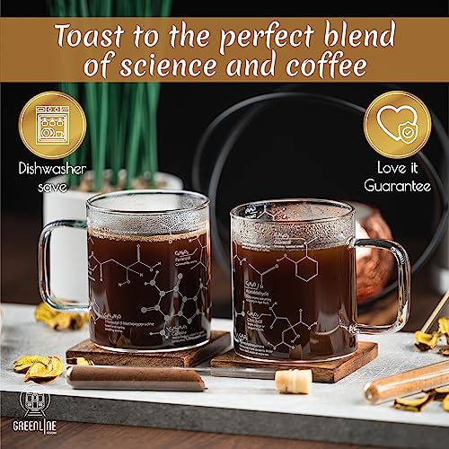 Greenline Goods Glass Coffee Mug - 16 oz Tumbler Science of Coffee Glass (Set of 2) - Etched with Coffee Chemistry Molecules