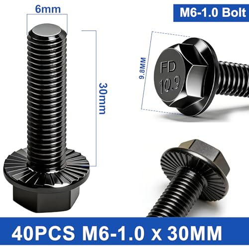 Taiss 40PCS M6-1.0 x 30mm Metric Flange Hex Head Bolts,Hex Drive Screws 10.9 Black Zinc Plated Alloy Steel,m6x1.0 Bolt,Full Thread Hex Bolts - color: BK M6x30mm