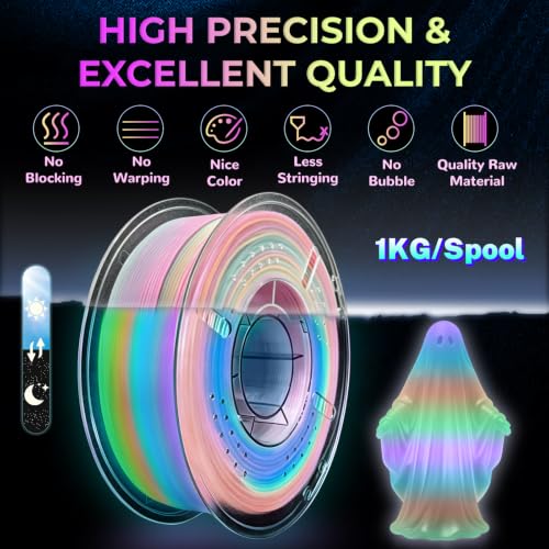 Glow in The Dark Rainbow PLA+ 3D Printer Filament, Colorful & Long-Lasting Glow PLA+ Filament 1.75mm, 3D Printing Filament for Most 3D Printer, Ideal for Christmas Decorations - 1kg Spool - color: Rainbow1