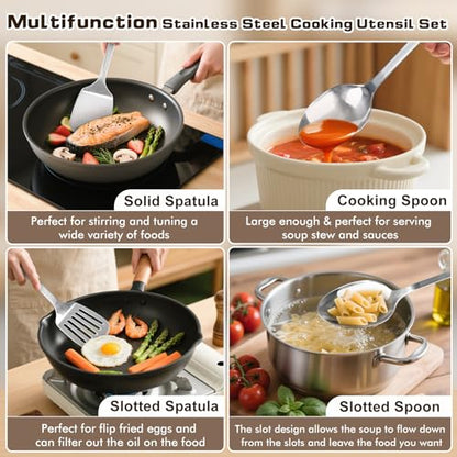 4 Pcs Cooking Utensils Set, Stainless Steel Kitchen Utensils, Heat Resistant Metal Kitchen Tools Include Slotted Turner Wok Spatula, Solid & Slotted Serving Spoon, Ladle, Easy to Clean, Silver - color: F. 4 Pieces