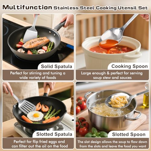 4 Pcs Cooking Utensils Set, Stainless Steel Kitchen Utensils, Heat Resistant Metal Kitchen Tools Include Solid & Slotted Turner Wok Spatula, Serving Spoon, Ergonomic Handle, Easy to Clean, Silver - color: A. 4 Pieces