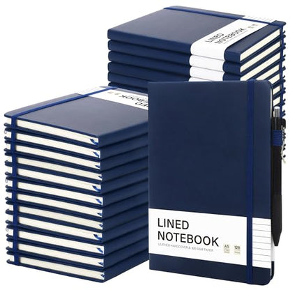 Aodaer 30 Set Lined Notebook Journals with Pens A5 Notebooks 100 GSM College Ruled Hardcover Notebook PU Leather Notepad with Pen Holder for Office School, 5.7 x 8.3 Inches, Navy Blue - color: Navy Blue