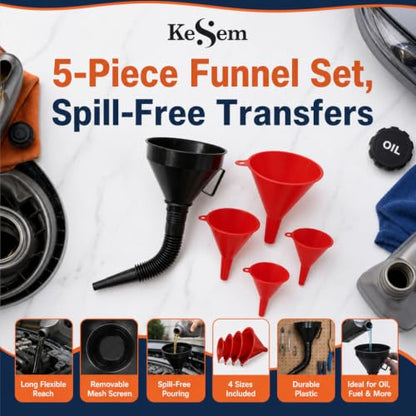 5 Pc Automotive Funnel Set, 4 Plastic Oil Funnels & Large Flexible Fuel Funnel with Hose, Car Oil Change Funnel Kit for Gas, Transmission Fluid, Coolant, Engine Oil, Fuel Transfer & Garage Use
