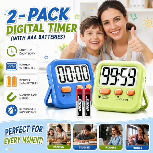 Antonki 2 Pack Digital Timer for Kids Classroom Kitchen Timers for Cooking - color: Green+ Sky Blue