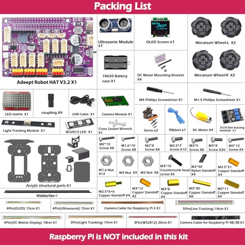 Adeept 4WD Mecanum Wheel Smart Car Kit for Raspberry Pi 5/4B/3B/3B+(Board Not Included), Line Tracking, Light Tracing, Obstacle Avoidance, Servo Motor, OLED Display, LED Dot Matrix Display - style: Mecanum Wheels