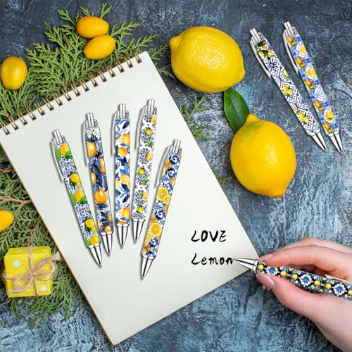 Capri Lemon Pens Set – Mediterranean-Inspired Ballpoint Pens for Girls, Students, and Stationery Lovers – Smooth Writing Pens for School, Journaling, or Gifts – Bright and Elegant Design, 8 Pack - color: Capri lemon