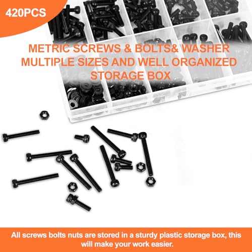 420pcs M3 Screw Kit, Premium M3 Bolts for 3D Printing, Hex Socket Head Cap Screw Assortment with Nuts and Washers, M3 x 6mm /8mm /10mm /12mm /16mm /20mm /25mm (Black) - size: M3