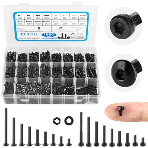 Besitu 1600Pcs M3 Screw Kit, 12.9 Grade Alloy Steel Hex Socket Button & Cap Head Metric Screw Assortment M3 Bolts and Nuts Washers Kit Black Small Machine Screw Set for 3D Printing - color: Black-Hex Socket Cap & Button Head