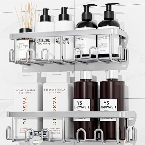 YASONIC Shower Caddy Adhesive, Rustproof Shower Organizer, Wall Shower Rack - color: Silver