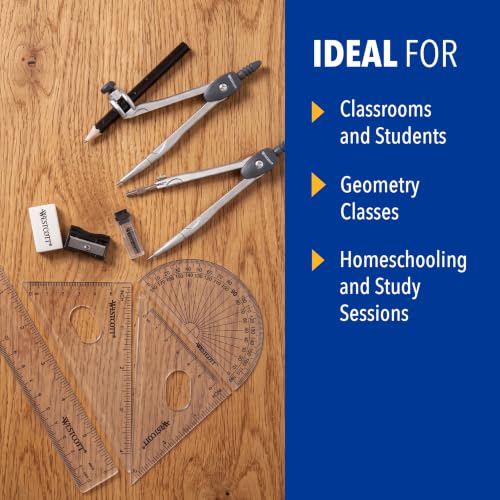 Westcott 10-Piece Math Set for Students, Includes 2 Compasses, Protractor & Ruler, Back to School, Classroom, School Supplies, Geometry Practice, Durable Storage Case