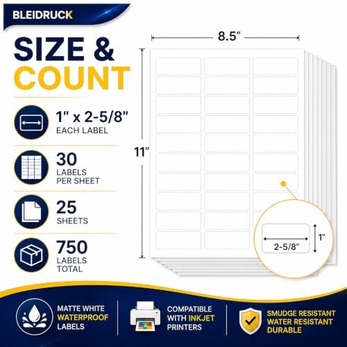 25 Sheets 30up Waterproof Matte White Shipping Labels Address Stickers - size: 30up-25 sheets