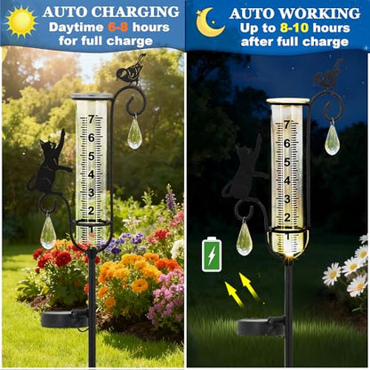 33in Solar Cat Bird Rain Gauge Metal Garden Stake Black Sculpture Decor - color: Cat