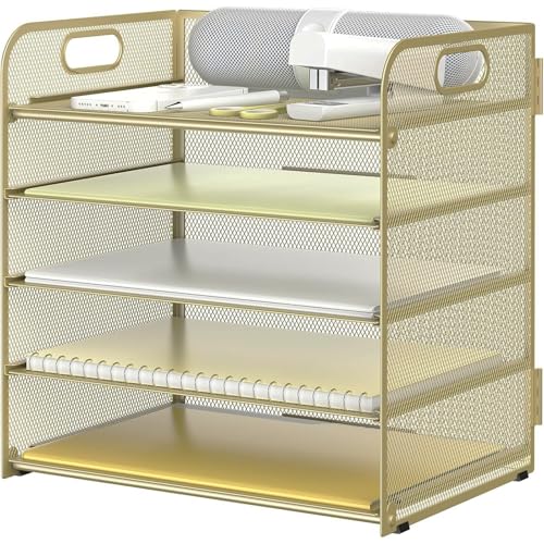 Sinboun Letter Tray Paper Organizer 5-Tier Desk Organizer File Organizer Paper Holder with Handle, Metal Desktop Document Shelf Tray Office Classroom Organization - Gold - color: Gold