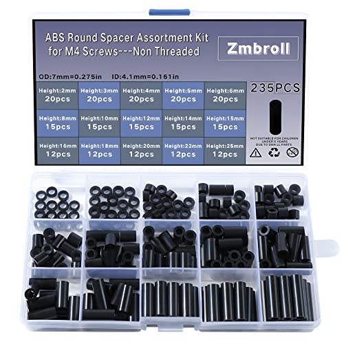 235Pcs ABS Black Round Spacer OD 7mm ID 4.1mm for M4 Screws 15Sizes Non-Threaded Column Standoff Support Spacer Round Straight Tube Plastic Washer Standoff