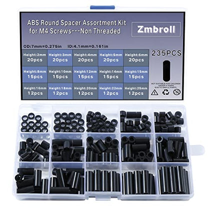 235Pcs ABS Black Round Spacer OD 7mm ID 4.1mm for M4 Screws 15Sizes Non-Threaded Column Standoff Support Spacer Round Straight Tube Plastic Washer Standoff