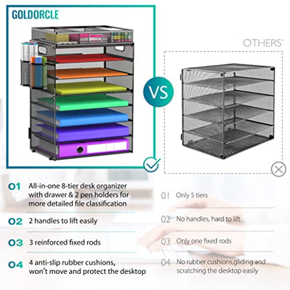8 Tier Paper Letter Tray Organizer (Black-with Drawer,Pen Holders) - color: Black-with Drawer,pen Holders