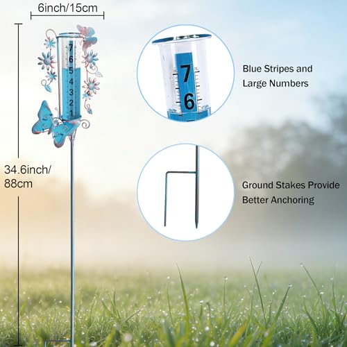 Freeze Proof Rain Gauge Outdoors Best Rated, Accurate & Easy to Read - color: Blue Copper Butterfly