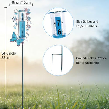 Freeze Proof Rain Gauge Outdoors Best Rated, Accurate & Easy to Read - color: Blue Copper Butterfly