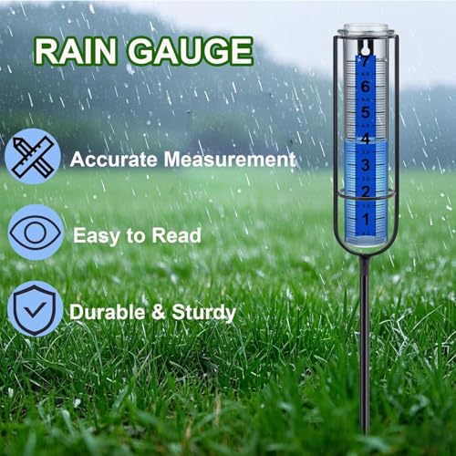 Rain Gauge Outdoor, Upgrade 7" Freeze-Proof Accurate Rain Gauge with Stake, Adjustable Height & Large Clear Numbers, Decorative Rain Measuring Tool for Garden, Lawn, Patio, Yard
