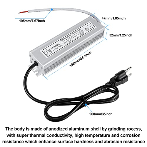 inShareplus LED Power Supply, 24V 60W IP67 Waterproof Outdoor Driver, AC 110-260V to DC 24V 2.5A Low Voltage Transformer, Adapter with 3-Prong Plug for LED Light, Computer Project, Outdoor Use - style: 24V 60W