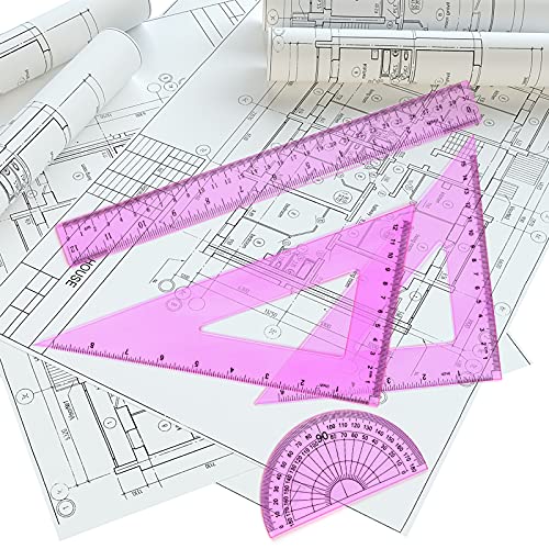 Coopay 4 Pcs Math Geometry Tool Set, Clear Acrylic Drawing Tool, Pink - color: Pinkish-Purple, size: 12 Inch