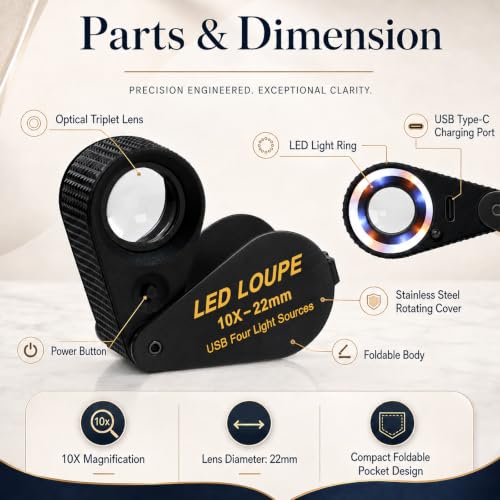 Jewelers Loupe Rechargeable Jewelry Magnifier, LED Loupe Triplet 10X with UV & LED Light for Jewelry, Watch Repair, Coins & Stamps (4 Lights Mode) - color: Black