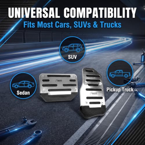 2 PCS Car Pedal Covers, Aluminum Alloy Non-slip Brake Throttle Pedal Covers Kit, Anti-rust Stripes Automatic Treadle Protector with "Sports", Universal for Most Cars, Trucks, Vans (Silver) - color: Silver