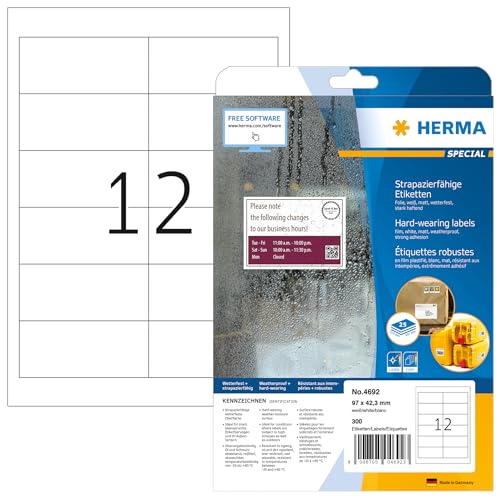 Herma Self Adhesive Heavy Duty Weatherproof Foil Labels, 12 Labels Per A4 Sheet, 300 Labels for Laser Printers, 97 x 42.3 mm (4692) - size: 97 x 42.3 mm, style: 25 Sheets