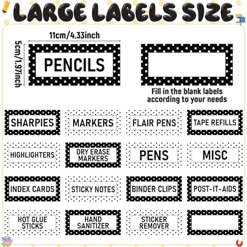 54Pcs Teacher Toolbox Labels Classroom Decoration Self-Adhesive Polka Dot Toolbox Sticker Black White Tool Box Storage Decal Black White Dot Organizer Container Decor for Back to School Teacher Supply - style: Polka Dot