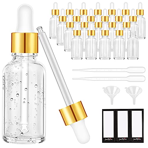 PrettyCare Glass Eye Dropper Bottle 2oz (60ml), 24 Pcs Clear Empty Thick Bottles Bulk with Leakproof Golden Caps - With Labels & Funnels for for Storage, Travel,Essential Oils, DIY Serums, Tincture - color: 2oz Clear, style: 24 Pack