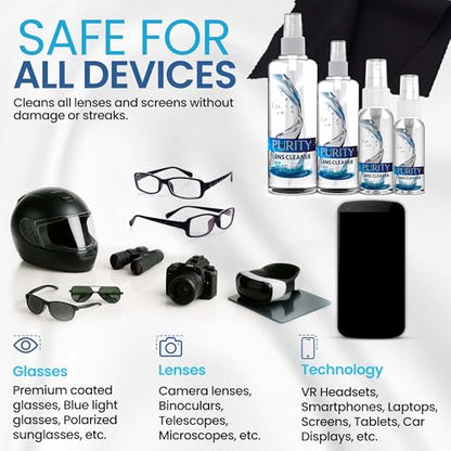 Purity Eyeglass Cleaner Family Pack - Multi-Size Glasses Lens Cleaner Kit - style: 8 Piece Set - (1oz + 2oz + 4oz + 8oz Lens Spray) + 4 (Microfiber Cloth)