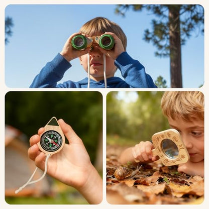 Kids Outdoor Explorer Kit Ages 4–8, Wooden Binoculars, Compass and Knot-Tying Board, Nature STEM Learning & Camping Toy Birthday Gift for Boys and Girls
