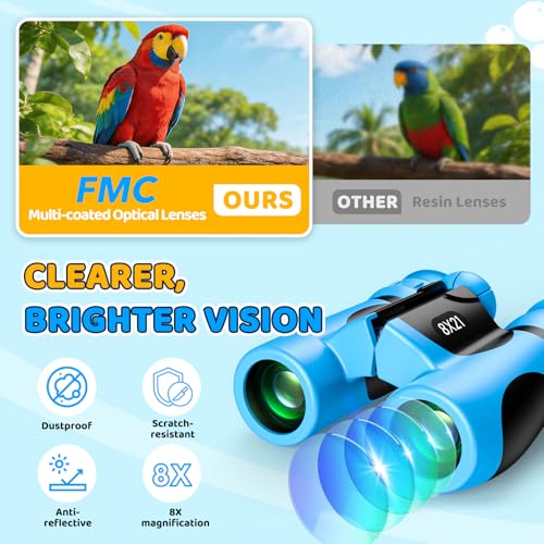 8x21 Kids Binoculars with 25 Scavenger Hunt Cards, Camping Toys for Boys Girls Ages 4-6-8-12 Outdoor Explorer Kit with Compass|Magnifying Glass, 3-12 Year Old Boy Bird Watching Hiking Birthday Gift - color: Blue