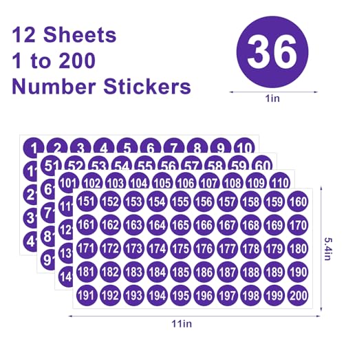 12 Sheets 1 to 200 Vinyl Number Stickers Purple Consecutive Number Stickers 3 Sets 1 Inch Self-Adhesive Waterproof Labels Inventory Stickers Decal for Indoor Outdoor Storage Organizing Classification - color: Purple,1",3sets(1-200)