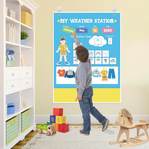 My Weather Station – Kids Daily Calendar & Weather Chart,Preschool Learning Toy,Classroom Calendar Set,Homeschool Supplies, Daily Routine Chart Interactive Weather Observation Board for Toddlers