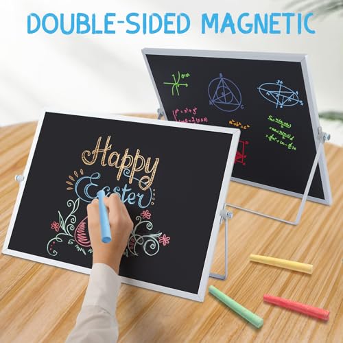 Small Magnetic Chalk Board Easel 16"X12", Double-Sided Tabletop & Wall Hanging Chalkboard with 4 Chalks & Eraser, Desktop Mini Black Board Sign for Office Desk Home Menu and School - size: 16"X12"