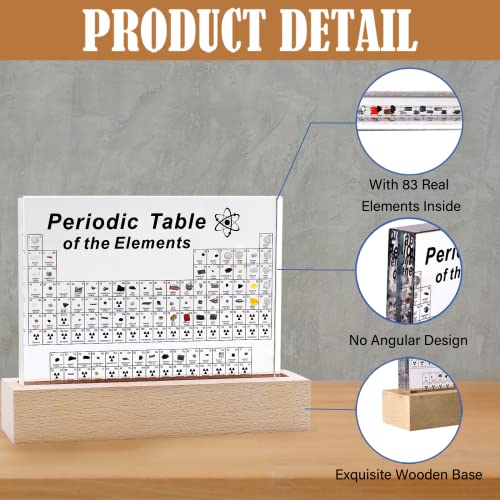 SETHVILL Periodic Table with 83 Real Elements Inside, Acrylic Periodic Table of Chemical Elements with Wooden Stand and Magnifying Glass, Periodic Table Display with Elements for Teacher Students - size: 6"L x 4.6"W