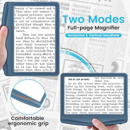 Rechargeable 5X Magnifying Glass for Reading, Large Bright Full Page Magnifier with Light, Handheld LED Dimmable Lighted, Lightweight Book Magnifier for Reading Small Prints Seniors - Blue - color: Blue