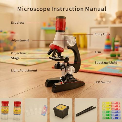 Little World Kids Microscope with LED Light - 100X/400X/1200X Magnification - color: Red