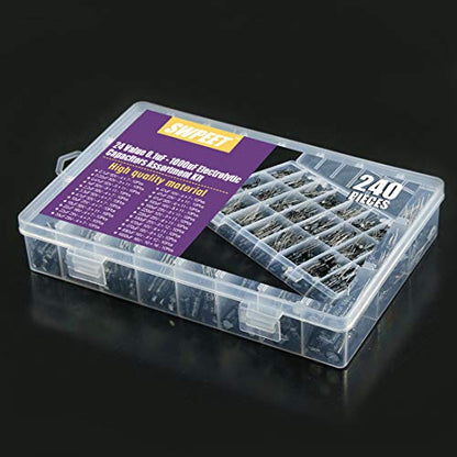 Swpeet 240Pcs 24 Kinds Different Electrolytic Capacitors Range 0.1uF－1000uF Assortment Kit, 10V/16V/25V/50V Aluminum Radial Electrolytic Capacitors for TV, LCD Monitor, Radio, Stereo, Game