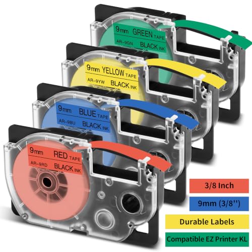 4X Replace for Casio EZ Label Printer Tape Cartridge 9mm Laminated Colored - color: Yellow/Red/Blue/Green