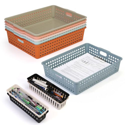 Carperipher 10 Pack Plastic Storage Baskets,Turn-in Paper Trays Classroom with Handle&Pencil Organizer,Stackable Letter Tray for Office A4 Doucuments,Morandi