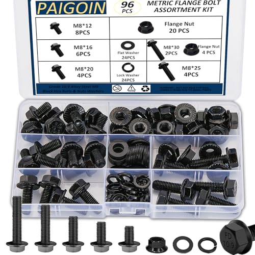 M8x1.25 Metric Flange Bolt Assortment Kit 96pcs, 10.9 Black Zinc - color: Black M8 -96PCS